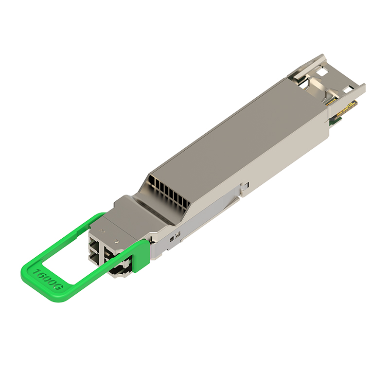 Close-up of a 1.6T OSFP pluggable transceiver showing the four LC fiber connectors
