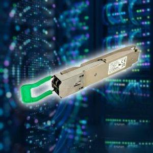 EPS Global engineer holding a Coherent 1.6T OSFP optical transceiver with four LC connectors