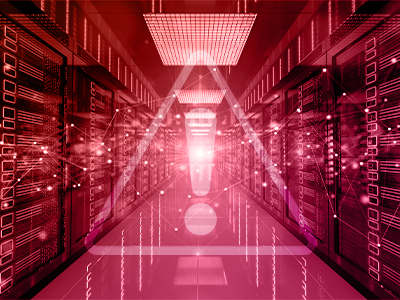 Illustration of an AI cluster rack row with a single weak network link highlighted